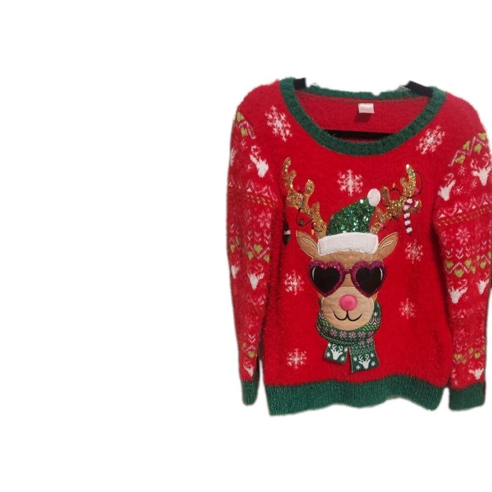 Girls Plush Red Sparkle‎ Reindeer Holiday Christmas Sweater XL 14-16